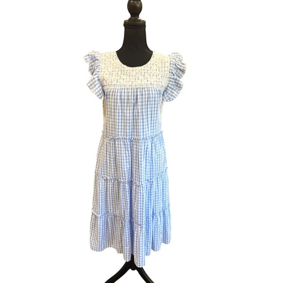 J. Marie Vintage Blue White Gingham Smocked Tiered Ruffle Maxi Dress S Cottage - Picture 1 of 10